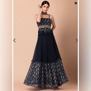 Navy and gold foil blouse and tiered lehenga skirt with belt